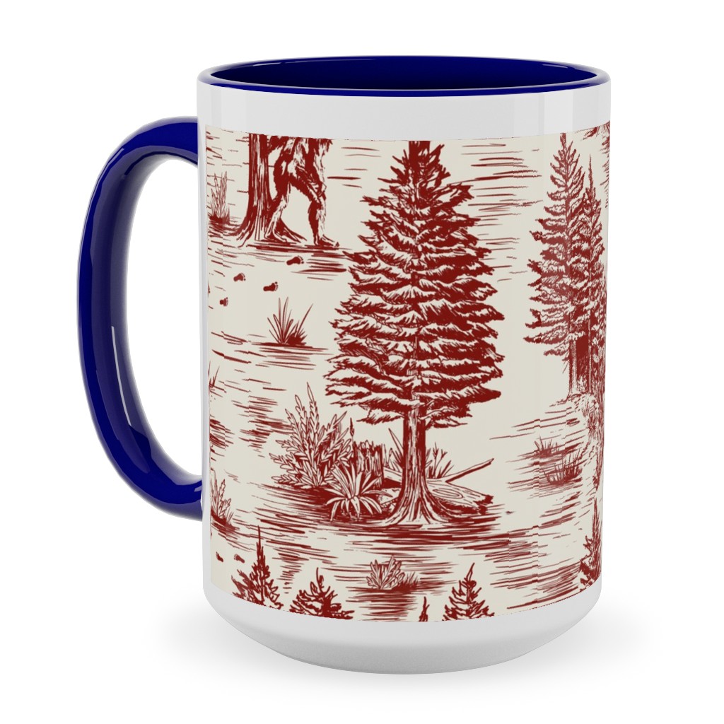 Bigfoot Sasquatch Toile De Jouy Ceramic Mug, Blue,  , 15oz, Red