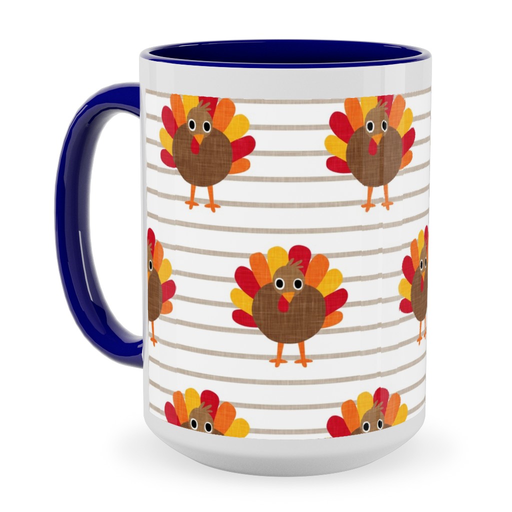 Cute Thanksgiving Turkey - on Khaki Stripes Ceramic Mug, Blue,  , 15oz, Orange