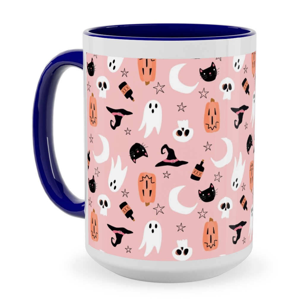 Sweet Halloween - Pumpkin, Witch, Ghost, & Cat - Pink Ceramic Mug, Blue, , 15oz, Pink, Bright Pink