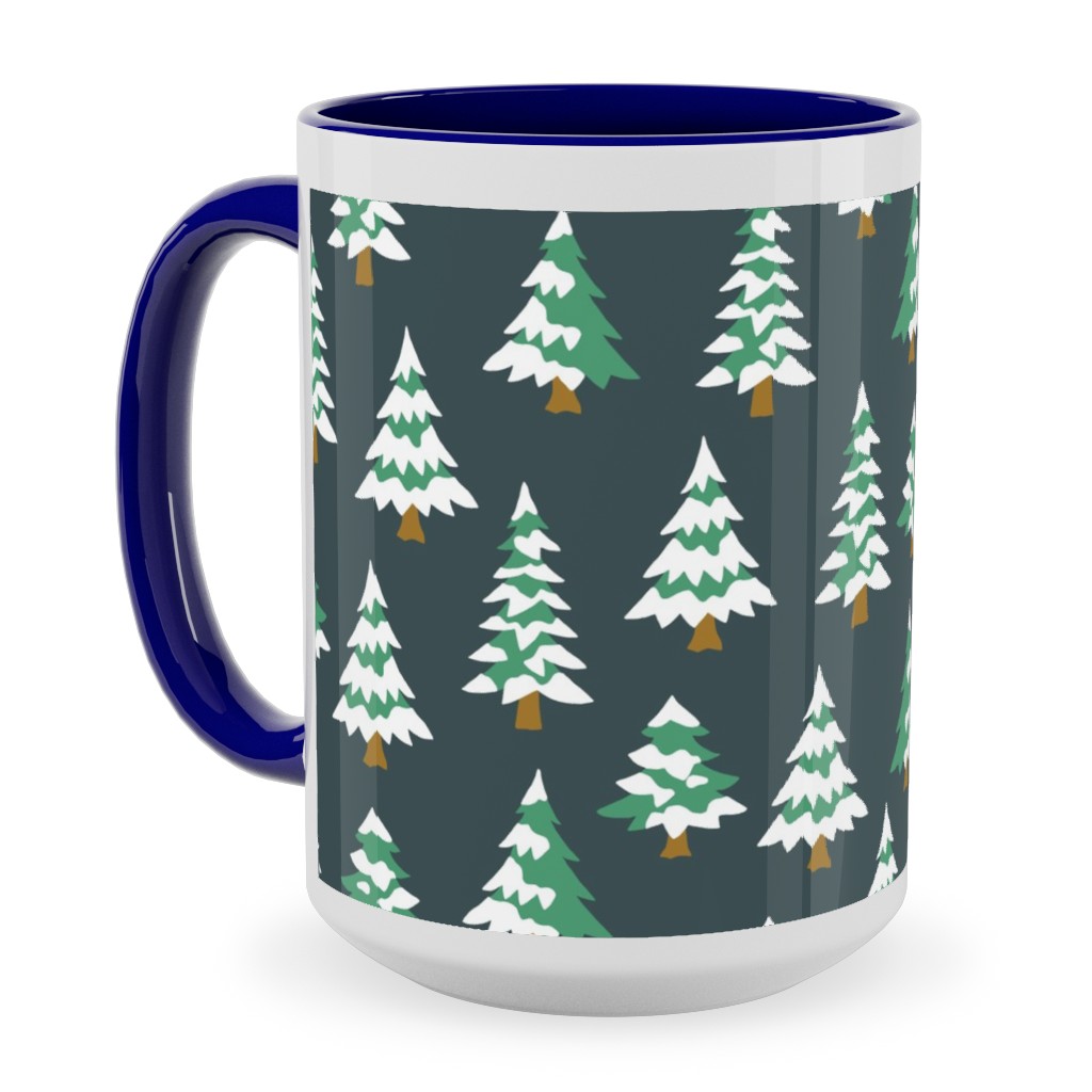 Winter Village Trees With Snow - Dark Ceramic Mug, Blue, , 15oz, Green, Classic Green