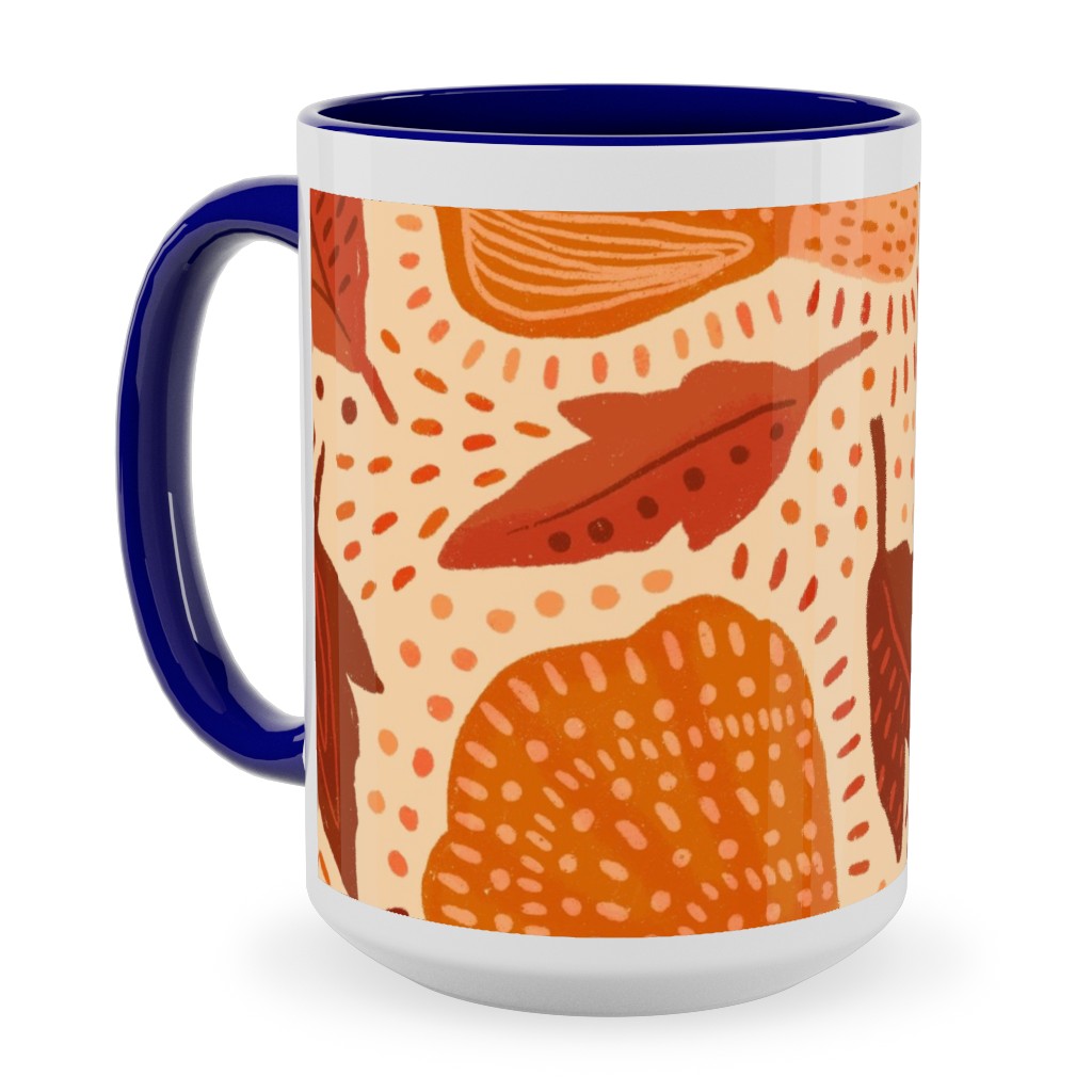 Autumn Mushrooms and Fallen Leaves Ceramic Mug, Blue, , 15oz, Orange, Orange
