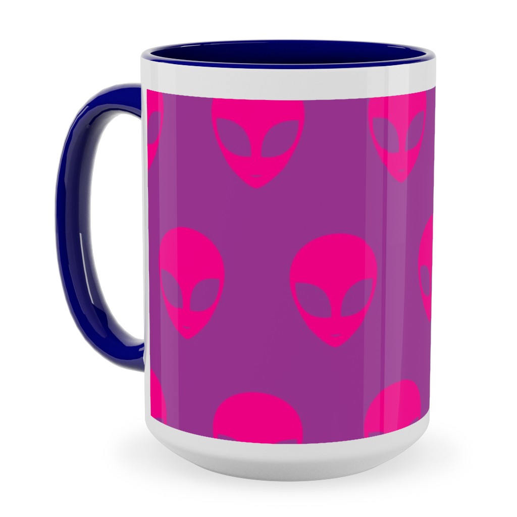 Retro Alien Heads Ceramic Mug, Blue,  , 15oz, Pink
