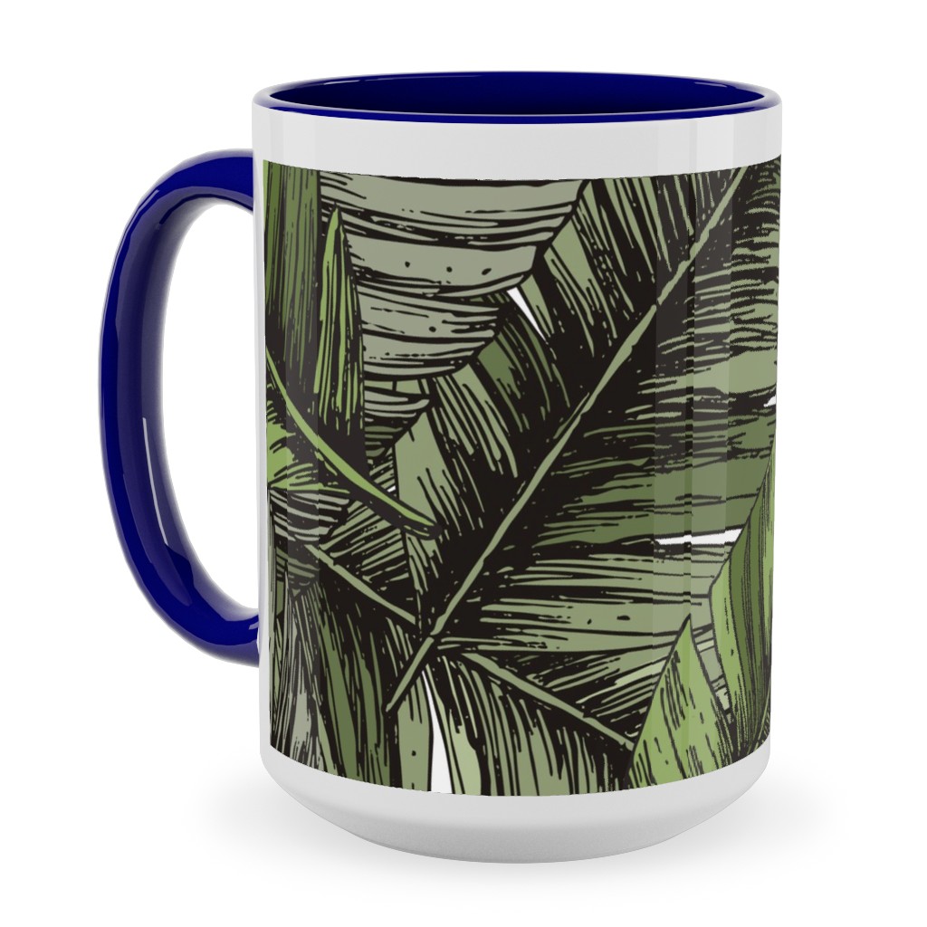 Tropical Palm Leaves - Green Ceramic Mug, Blue, , 15oz, Green, Classic Green