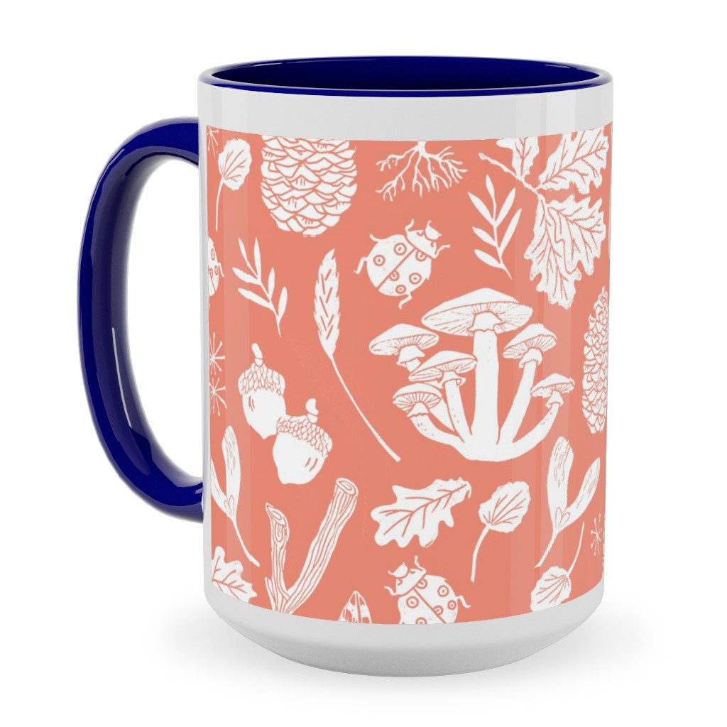 Nature Walk Block Print - Pink Ceramic Mug, Blue, , 15oz, Pink, Bright Pink