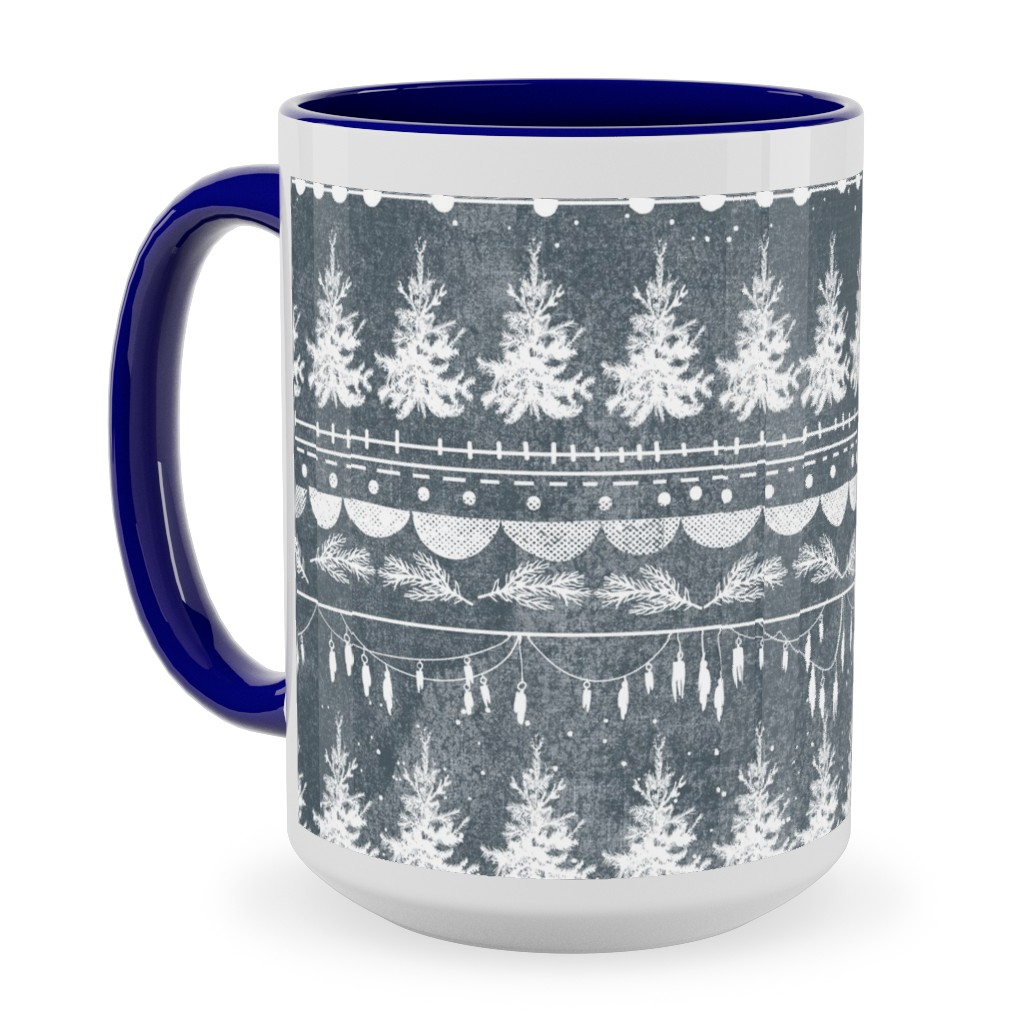 Vintage Christmas Stripe Ceramic Mug, Blue,  , 15oz, Gray