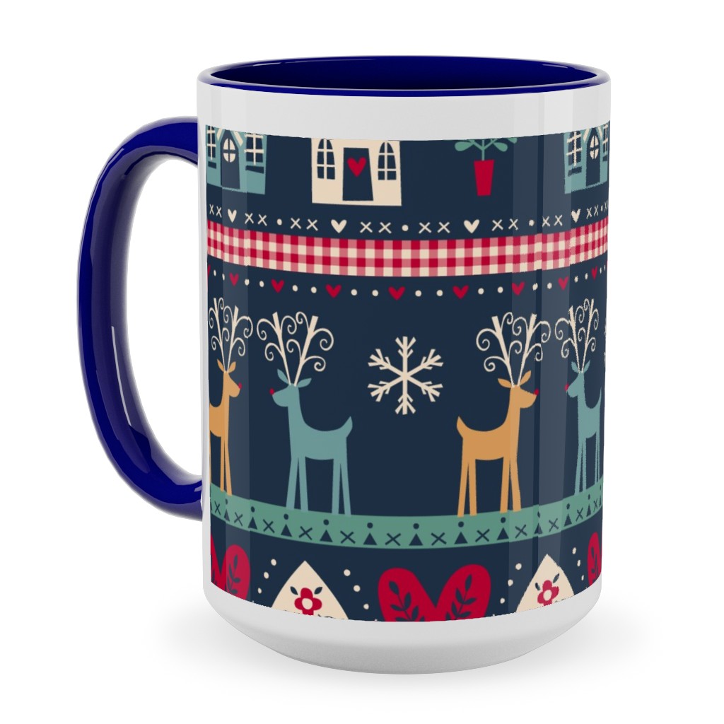 Vintage Nordic Christmas Ceramic Mug, Blue,  , 15oz, Multicolor