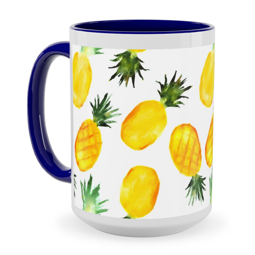 Watercolor Pineapples - Yellow Ceramic Mug, Blue,  , 15oz, Yellow