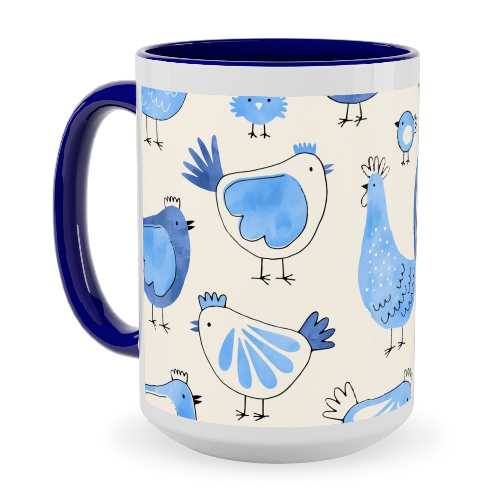 Chicken and Rooster - Watercolor - Blue on Creme Ceramic Mug, Blue, , 15oz, Blue, True Blue