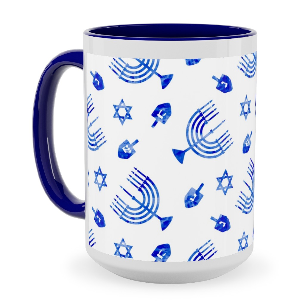 Hanukkah Watercolor Menorah, Dreidel, Star of David - Blue Ceramic Mug, Blue, , 15oz, Blue, True Blue