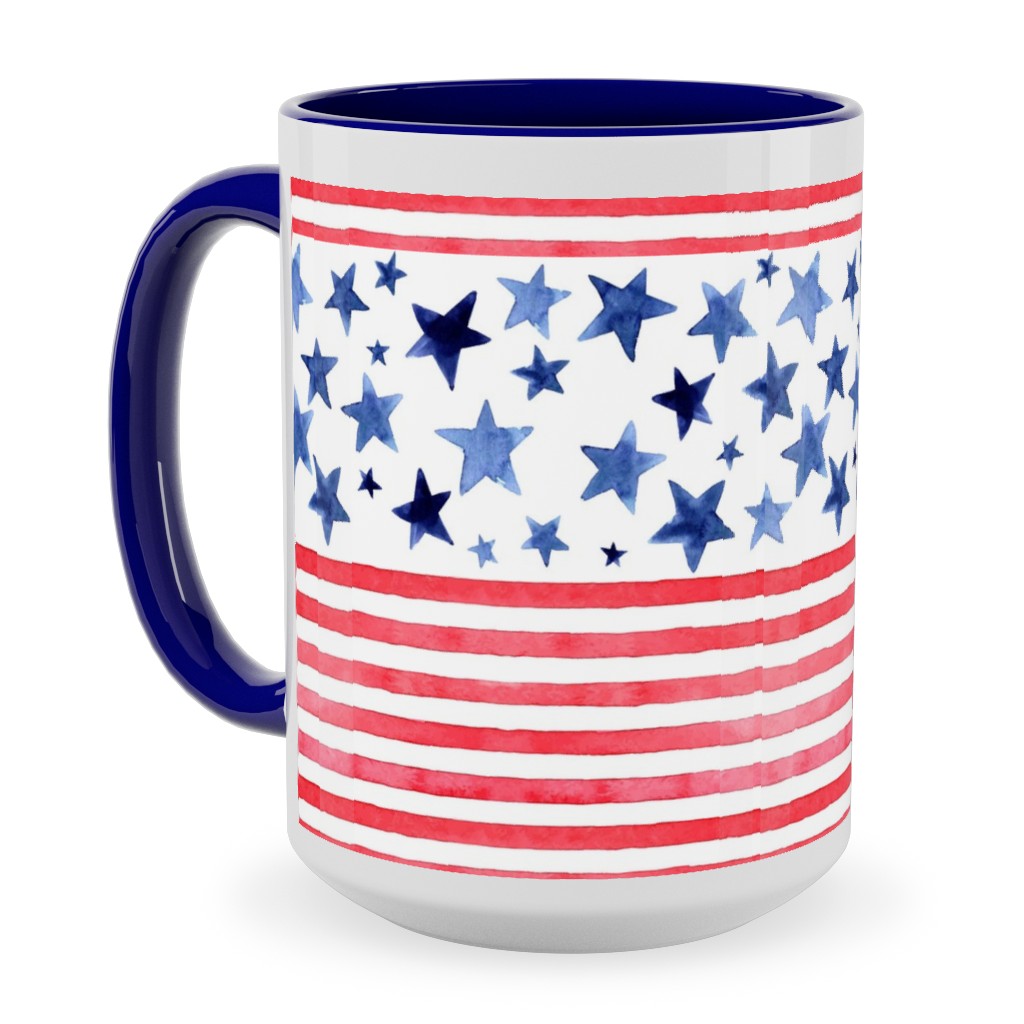 Watercolor Stars and Stripes - Red White and Blue Ceramic Mug, Blue, , 15oz, Red, Red