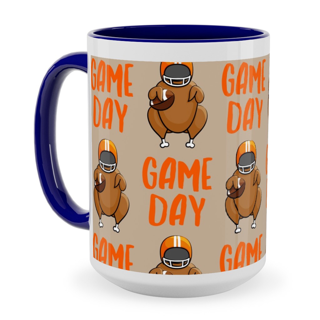 Game Day Turkey With Football - Tan Ceramic Mug, Blue,  , 15oz, Beige