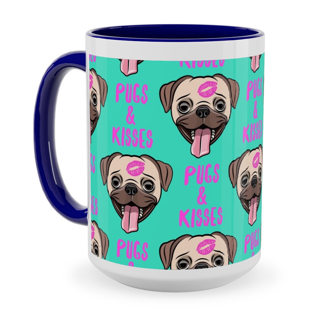 Pugs & Kisses - Cute Pug Dog - Teal Ceramic Mug, Blue,  , 15oz, Green
