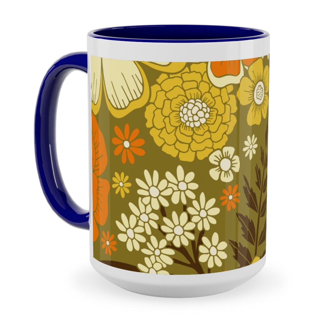 1970s Retro/Vintage Floral - Yellow and Brown Ceramic Mug, Blue,  , 15oz, Yellow