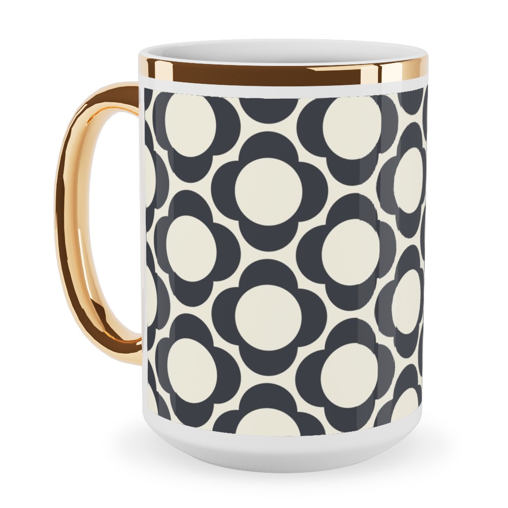 Lotta's Scandi Daisy - Navy on Cream Ceramic Mug, Gold Handle, , 15oz, Beige, Pearl