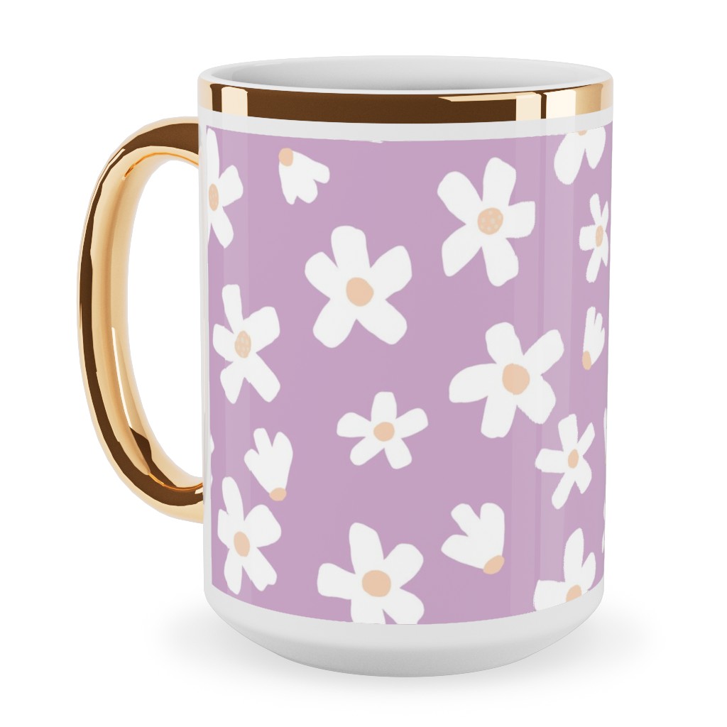 Daisy Garden Floral - Purple Ceramic Mug, Gold Handle, , 15oz, Purple, Purple