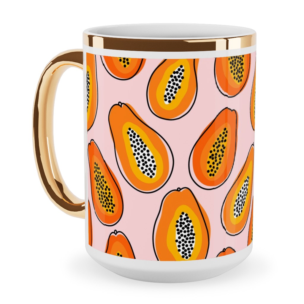 Abstract Papayas - Pink Ceramic Mug, Gold Handle,  , 15oz, Pink
