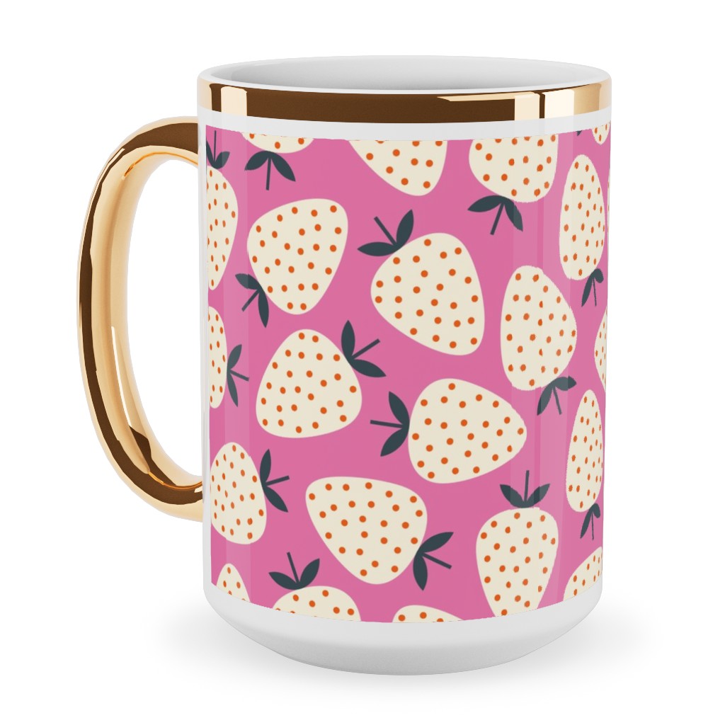 Strawberries - Cream on Pink Ceramic Mug, Gold Handle, , 15oz, Pink, Bright Pink