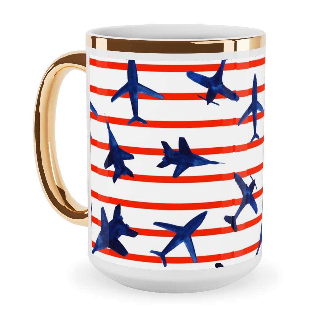 Patriotic Airplanes Watercolor - Blue With Red Stripes Ceramic Mug, Gold Handle,  , 15oz, Blue