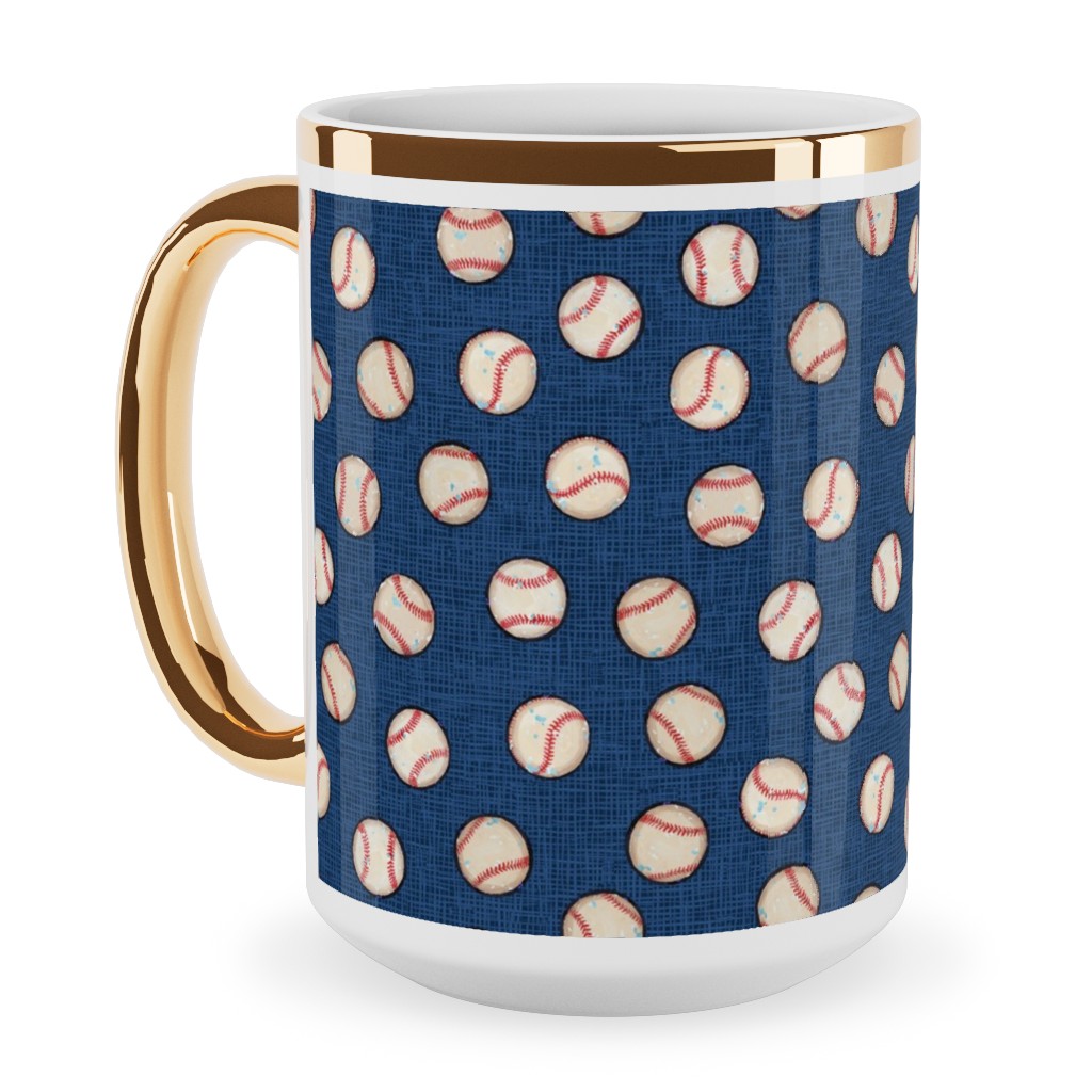 Baseball Balls on Blue Linen Ceramic Mug, Gold Handle, , 15oz, Blue, True Blue
