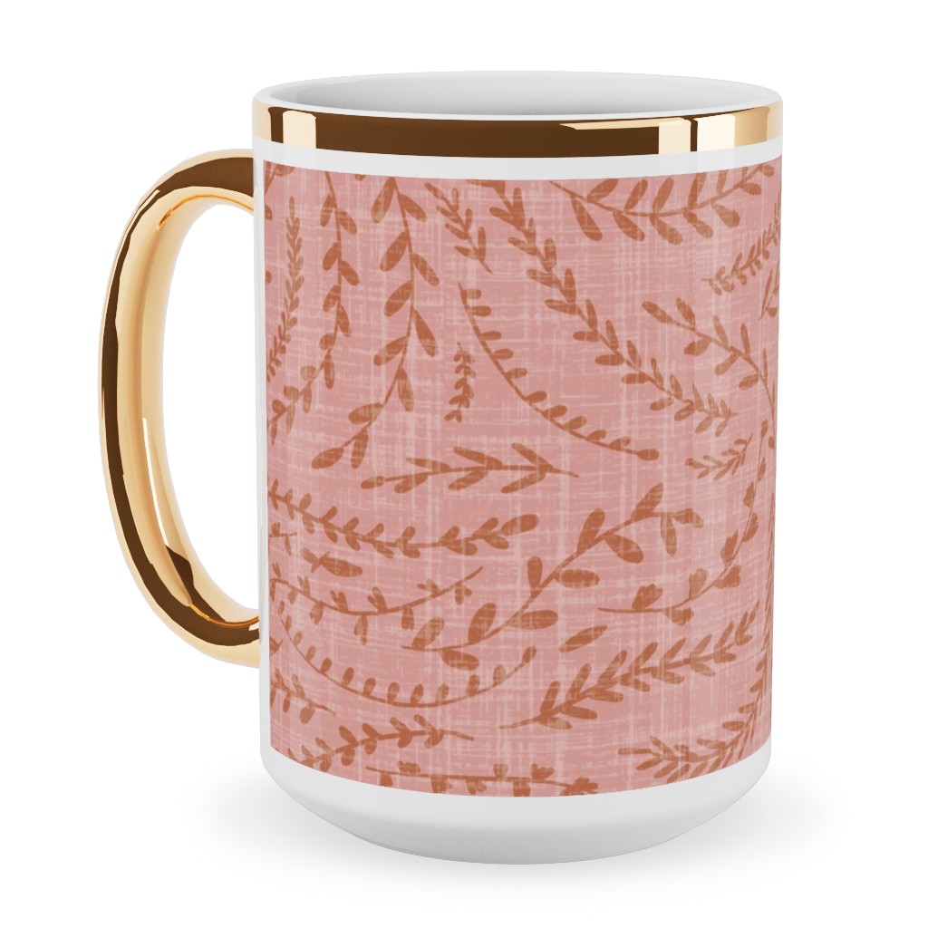 Notion - Fine Floral - Pink and Rust Ceramic Mug, Gold Handle,  , 15oz, Pink
