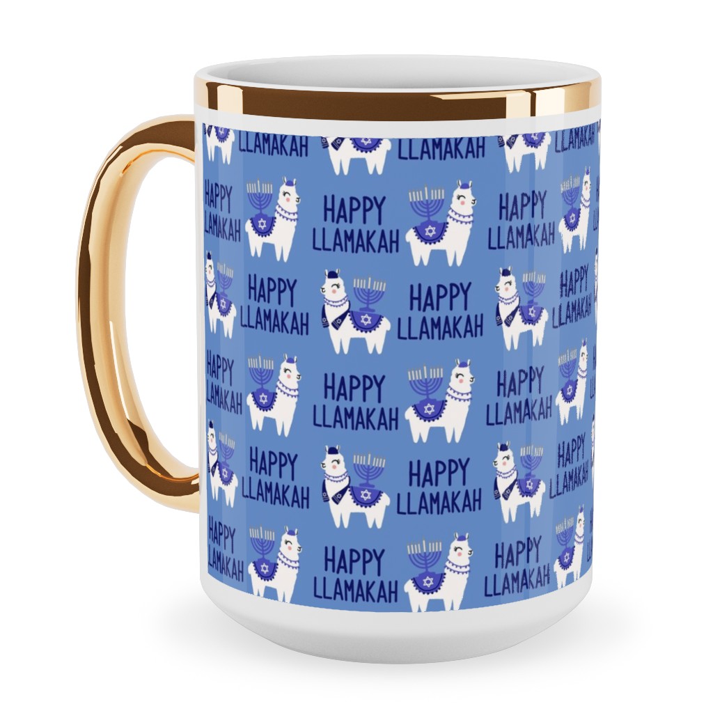 Happy Llamakah - Blue Ceramic Mug, Gold Handle, , 15oz, Blue, True Blue