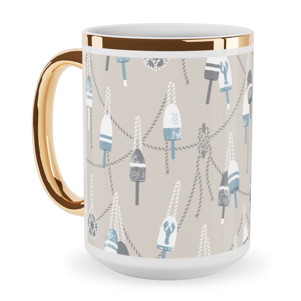 Lobster Buoy - Light Beige Tan Ceramic Mug, Gold Handle, , 15oz, Beige, Pearl