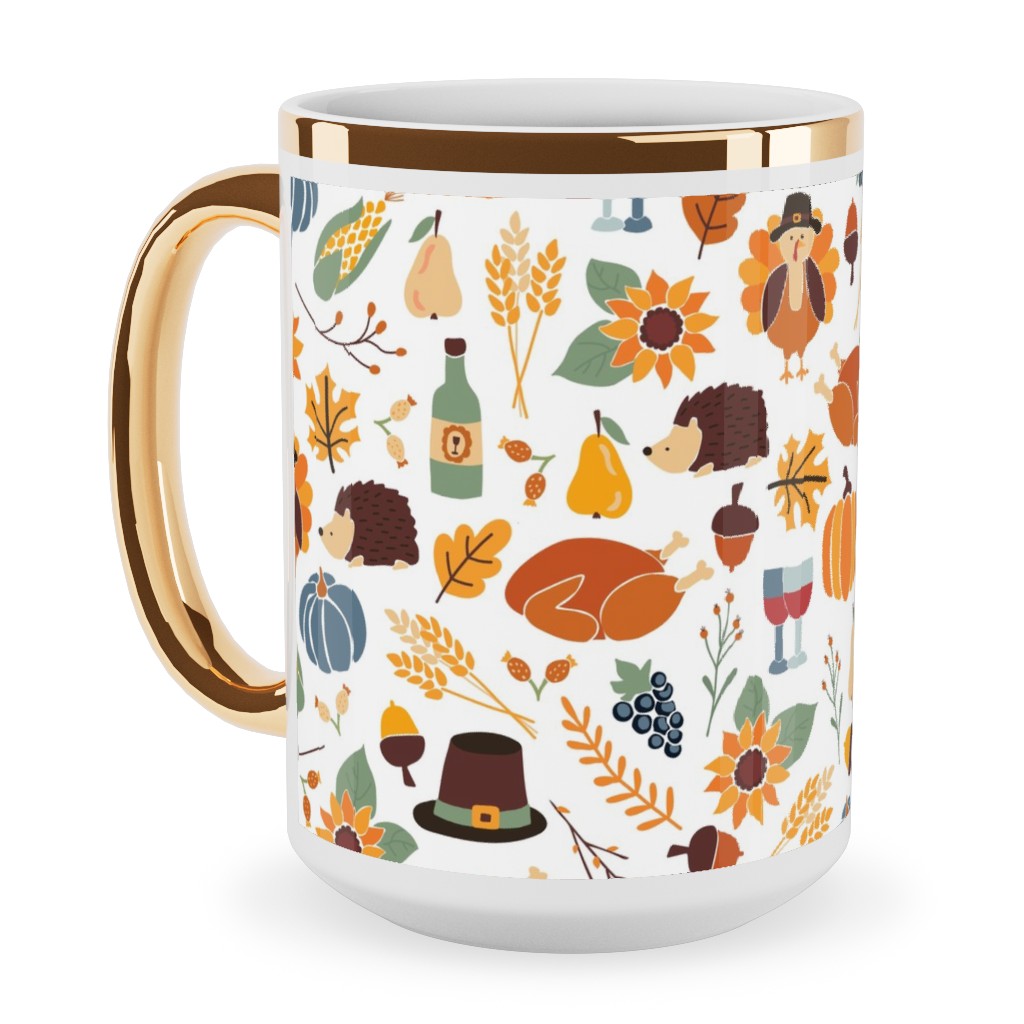 Thanksgiving Table Ceramic Mug, Gold Handle, , 15oz, Multicolor, Nutmeg