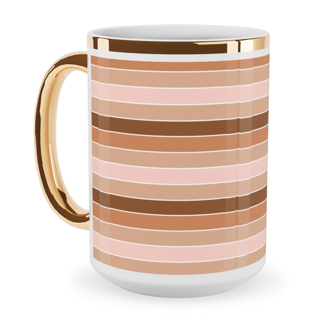 Candy Stripes Horizontal - Pink Ceramic Mug, Gold Handle, , 15oz, Pink, Bright Pink