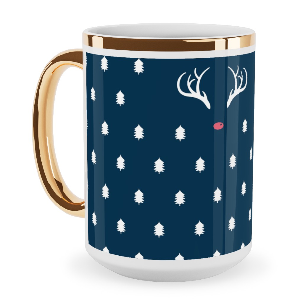 Modern Christmas Deer - Navy Ceramic Mug, Gold Handle,  , 15oz, Blue