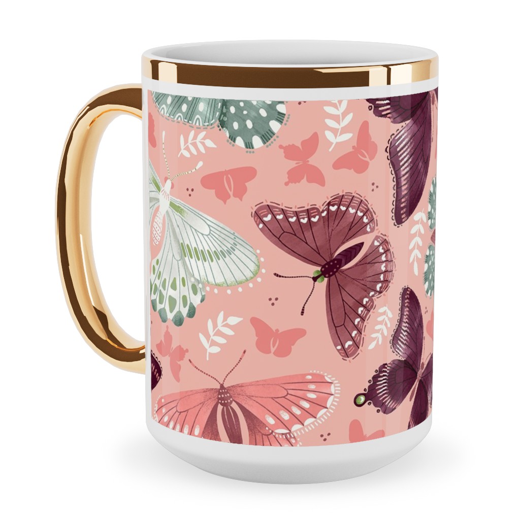 Romantic Butterflies - Pink Ceramic Mug, Gold Handle, , 15oz, Pink, Bright Pink