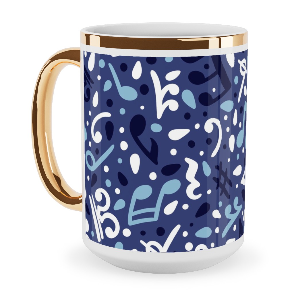 Music Notes and the Blues Ceramic Mug, Gold Handle,  , 15oz, Blue