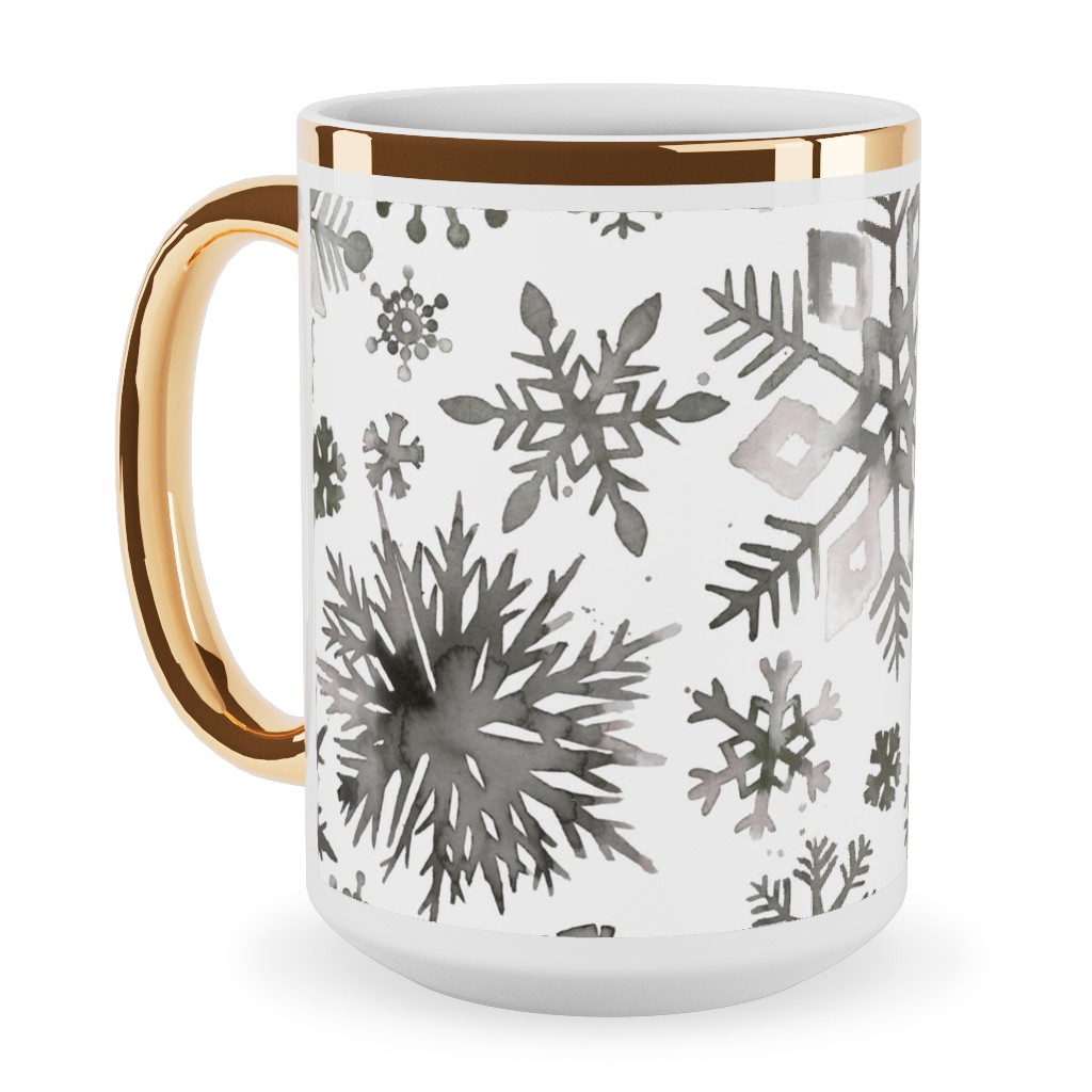 Winter Snowflakes - Gray Ceramic Mug, Gold Handle, , 15oz, Gray, Gray