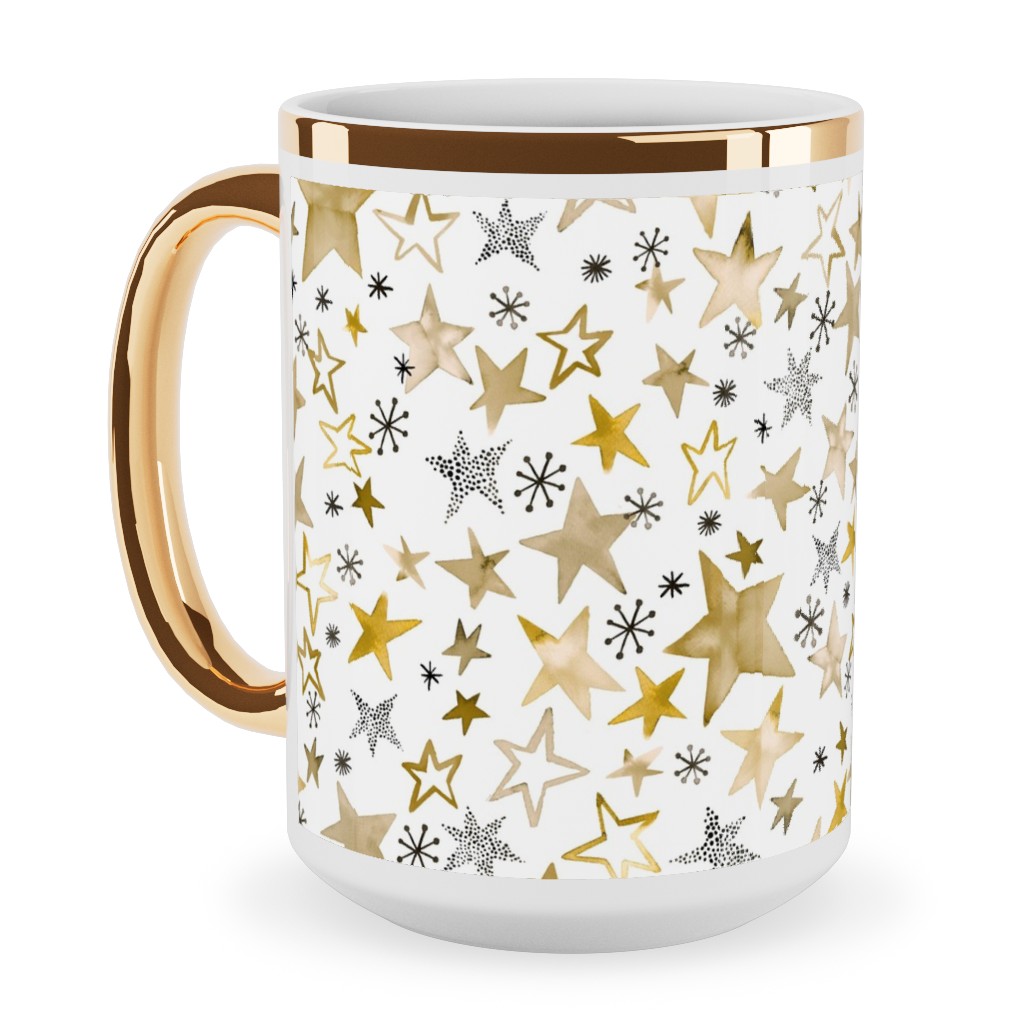 Winter Stars Christmas - Gold Ceramic Mug, Gold Handle, , 15oz, Yellow