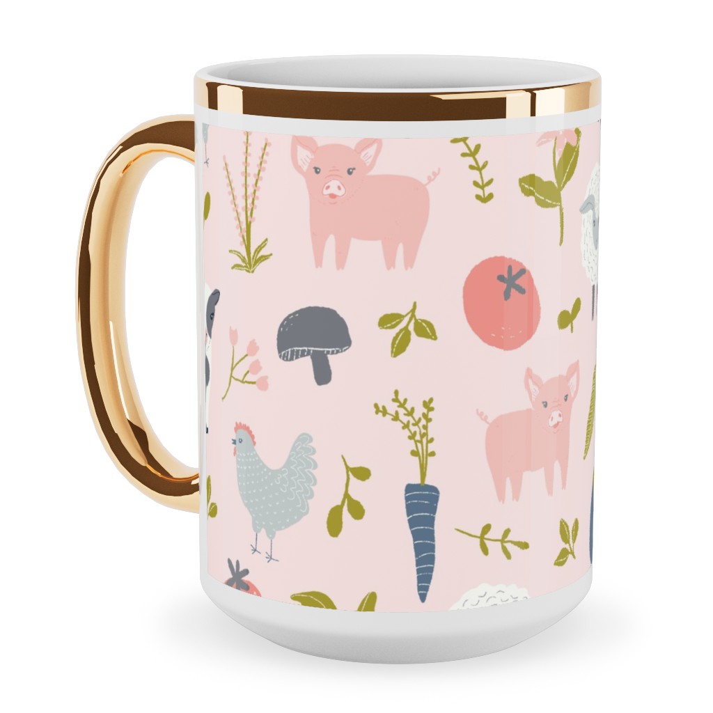 Farm Life - Pink Ceramic Mug, Gold Handle,  , 15oz, Pink