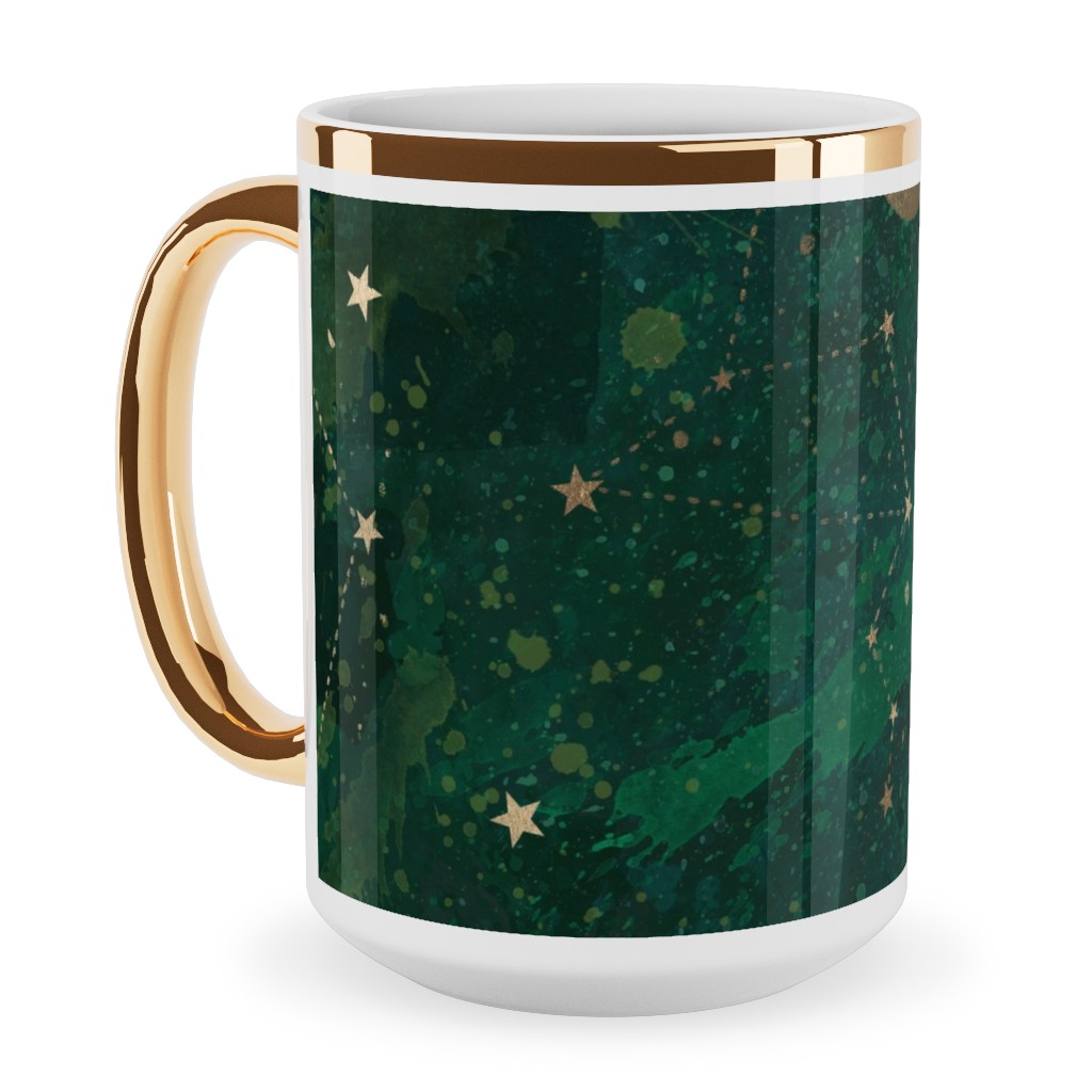 Moon and Stars - Green Ceramic Mug, Gold Handle, , 15oz, Green, Classic Green