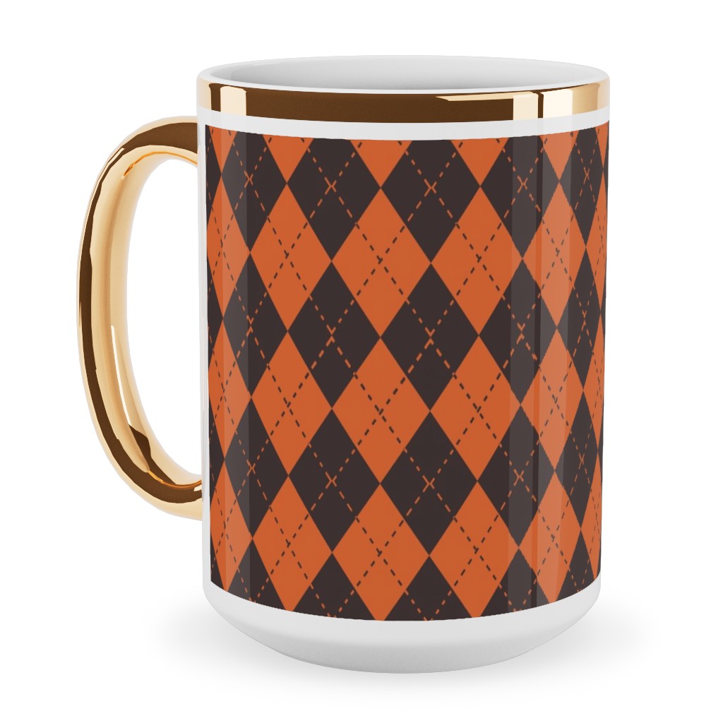 Halloween Argyle - Orange and Black Ceramic Mug, Gold Handle, , 15oz, Orange, Orange