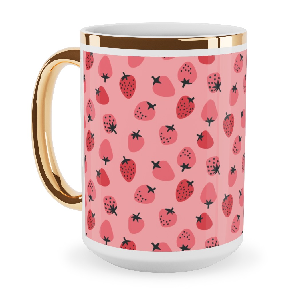 Red Strawberries - Pink Ceramic Mug, Gold Handle, , 15oz, Pink, Bright Pink