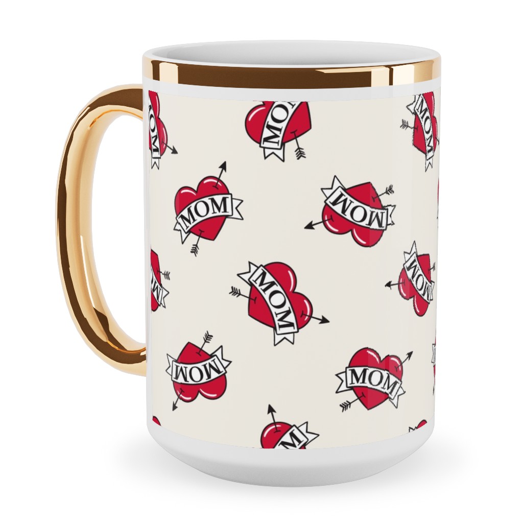 Mom Heart Tattoo - Red on Cream Ceramic Mug, Gold Handle, , 15oz, Red, Red