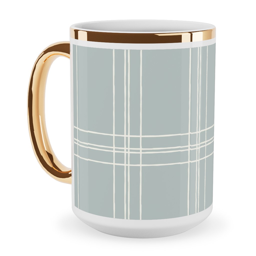Lined Linens - Quad Plaid - Ivory, Blue Ceramic Mug, Gold Handle,  , 15oz, Blue