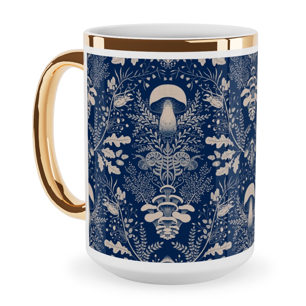 Mushroom Forest Damask Ceramic Mug, Gold Handle,  , 15oz, Blue