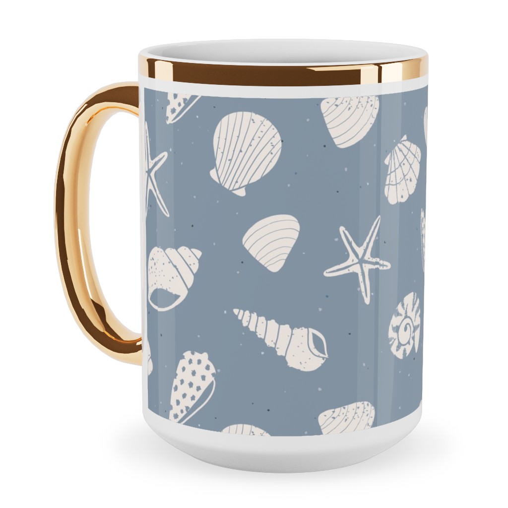 Seashells Summer Beach - Dusty Blue Ceramic Mug, Gold Handle, , 15oz, Blue, True Blue