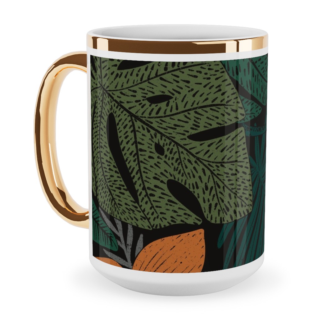 Moody Tropical Floral - Orange on Black Ceramic Mug, Gold Handle, , 15oz, Green, Classic Green