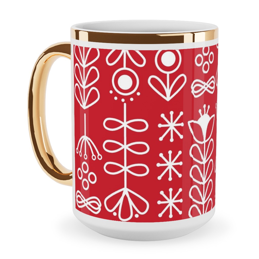 Red and White Nordic Mod Floral Ceramic Mug, Gold Handle,  , 15oz, Red