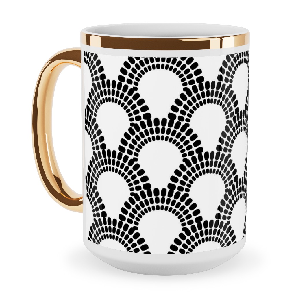 Scallops - Black and White Ceramic Mug, Gold Handle, , 15oz, Black, Black