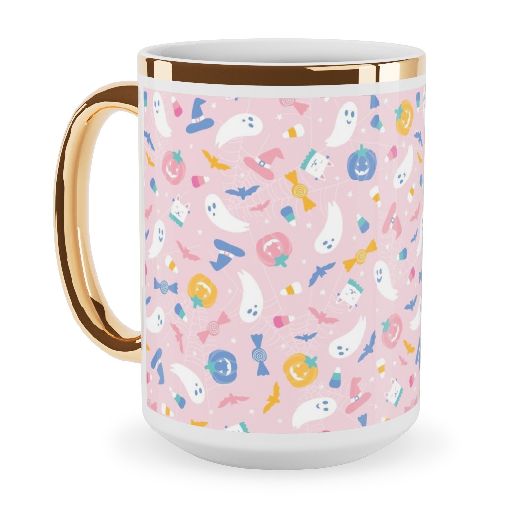Pastel Halloween Happy Ghosts and Candy Corn Ceramic Mug, Gold Handle,  , 15oz, Pink