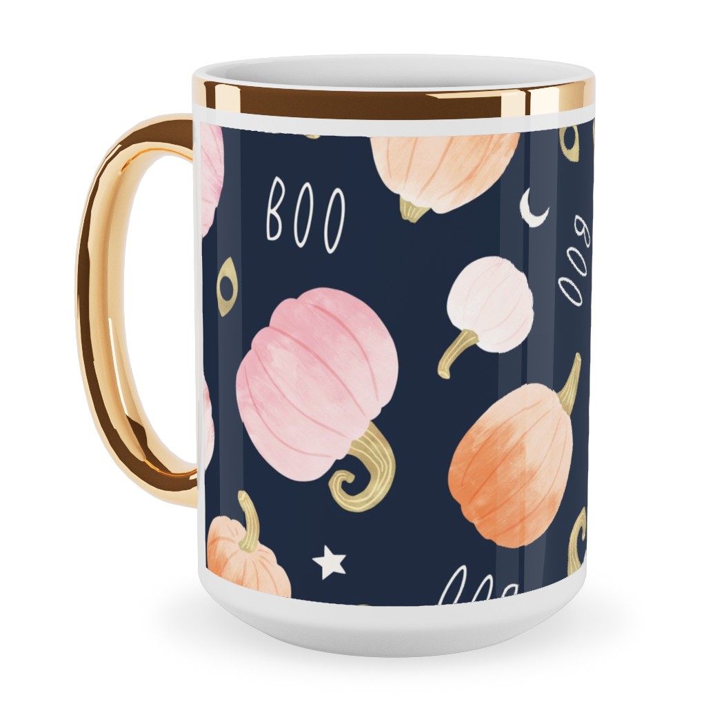 Pastel Pumpkins Halloween Party Boo Ceramic Mug, Gold Handle, , 15oz, Orange, Orange