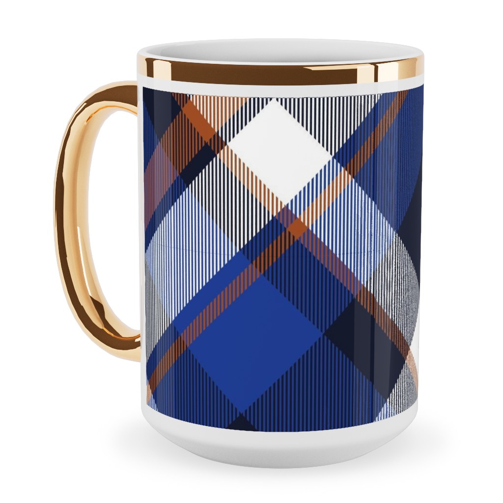 Cora's Plaid - Blue Ceramic Mug, Gold Handle, , 15oz, Blue, True Blue