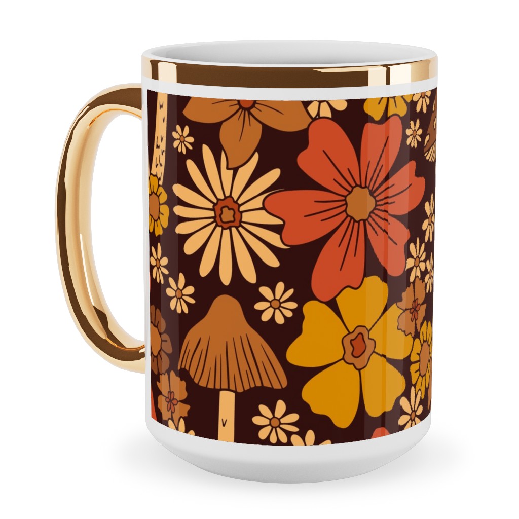 Retro 1970s Mushroom & Flowers - Brown and Orange Ceramic Mug, Gold Handle, , 15oz, Orange, Orange