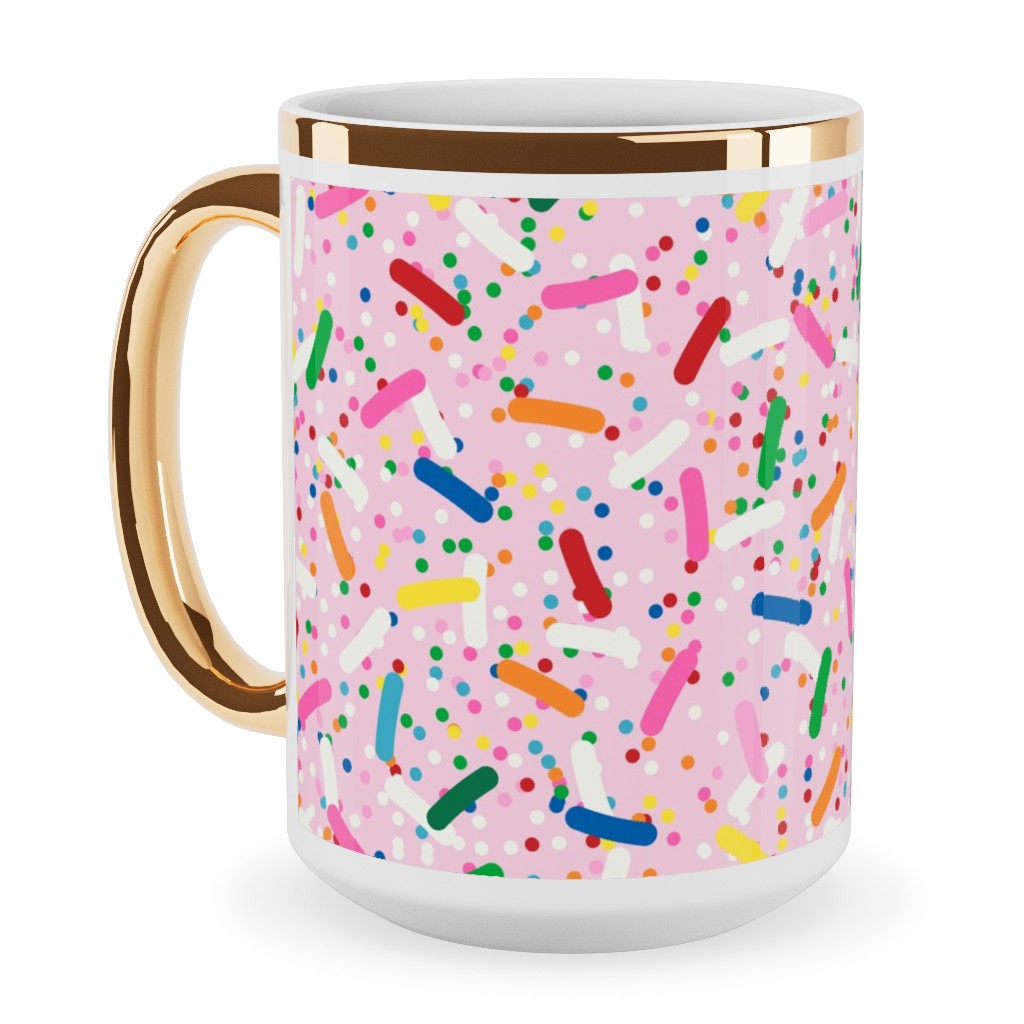 Rainbow Sprinkles Ceramic Mug, Gold Handle, , 15oz, Pink, Honeysuckle