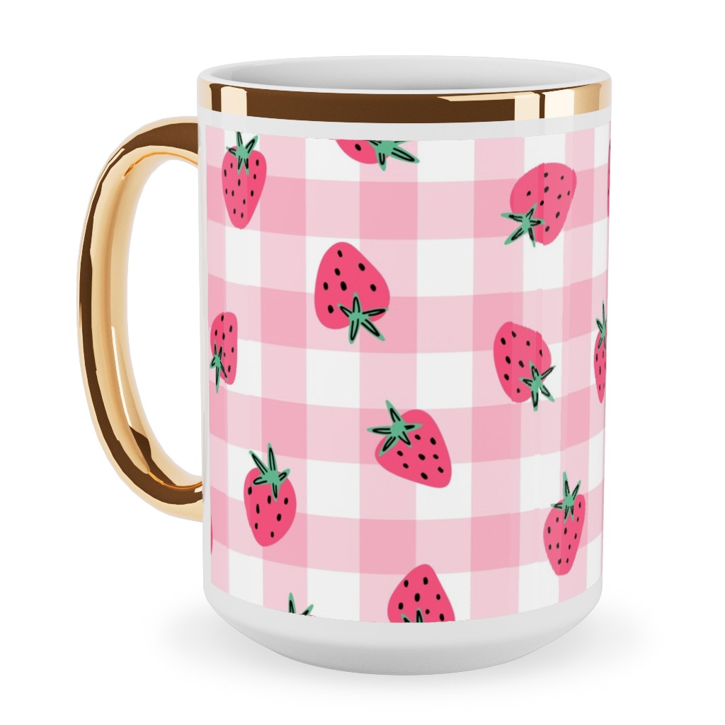 Summer Strawberry Gingham - Pink Ceramic Mug, Gold Handle,  , 15oz, Pink